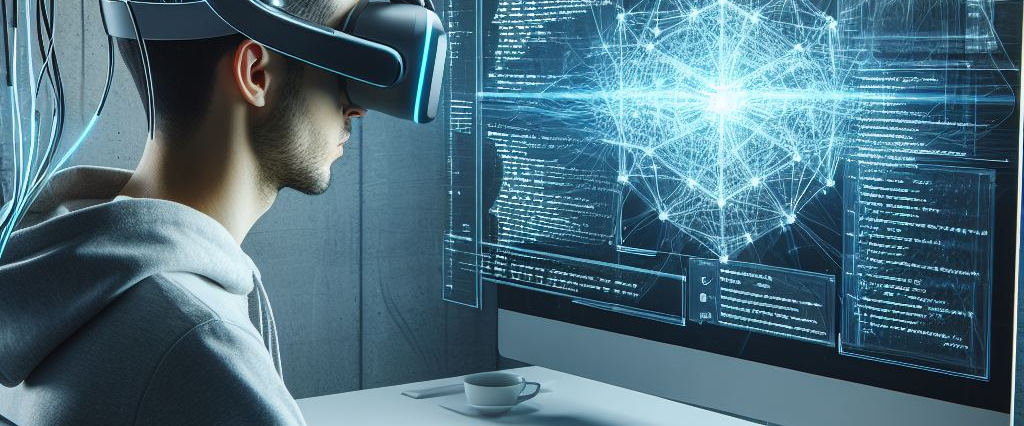 Futuristic man at a computer using artificial intelligence to create an article