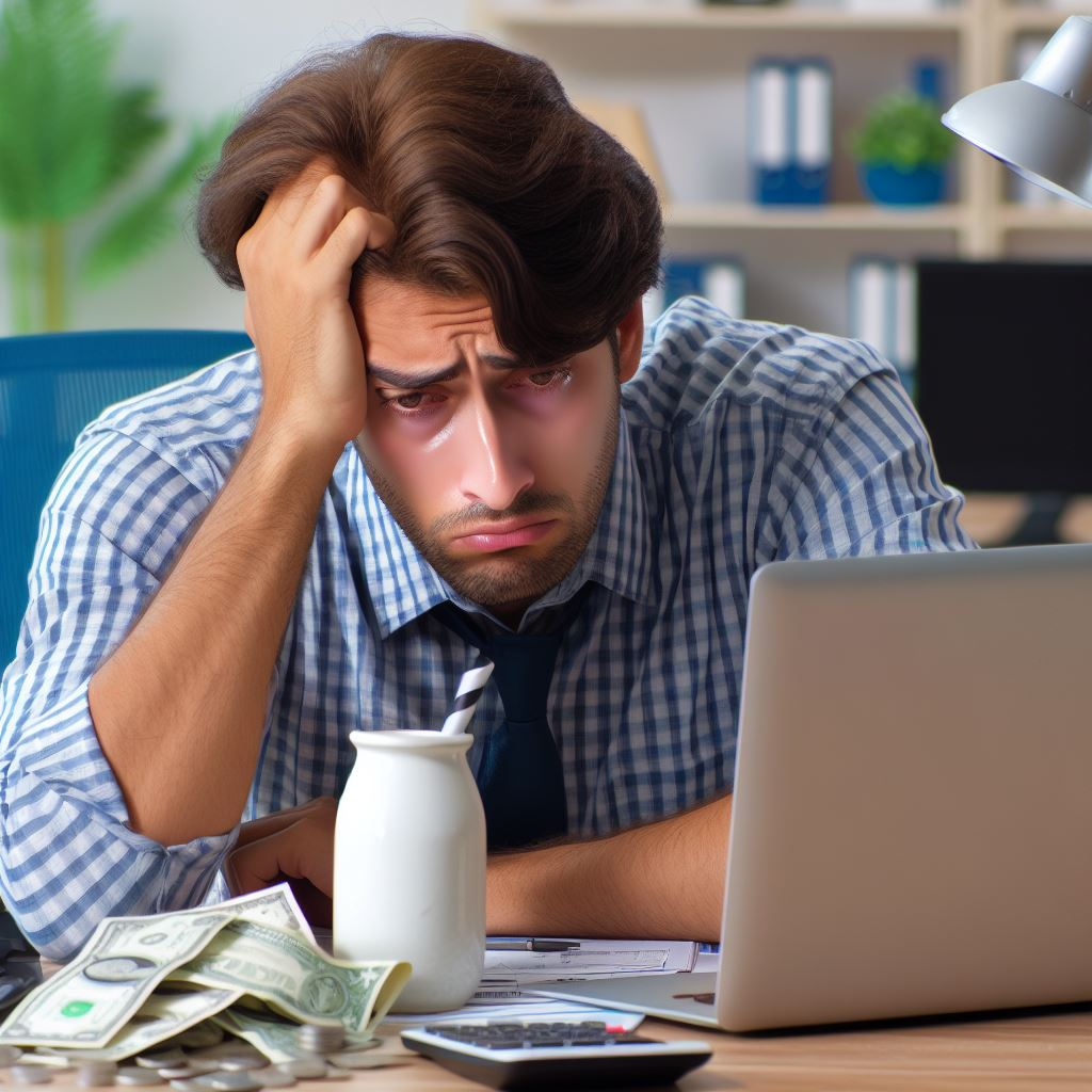 man very sad because he lost his money from business on the Internet