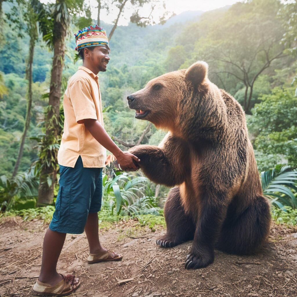 man shaking hands with a grizzly bear in the forest