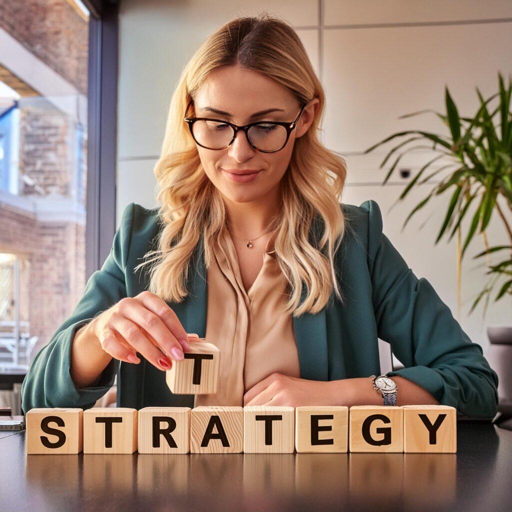 woman setting up blocks in her office that read -Stratagey-