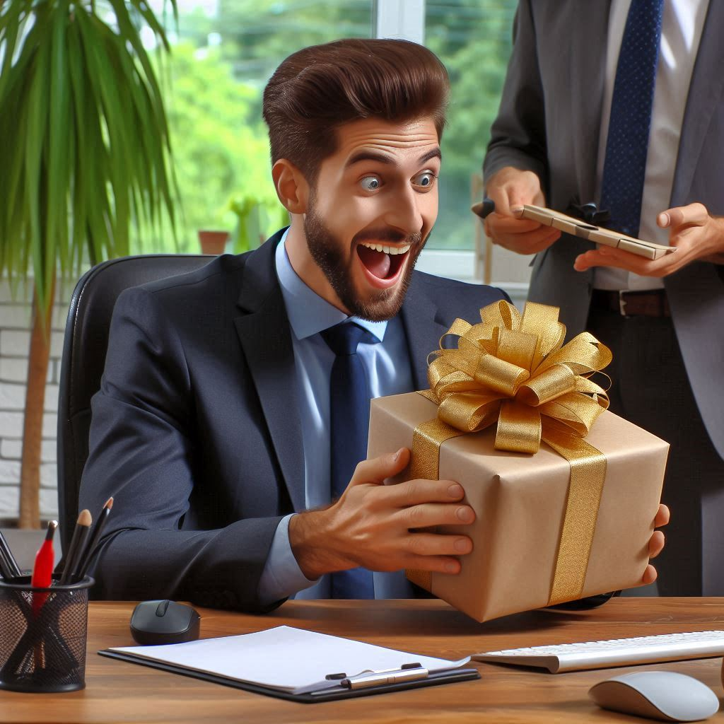 man receives a surprise gift at his desk in his office